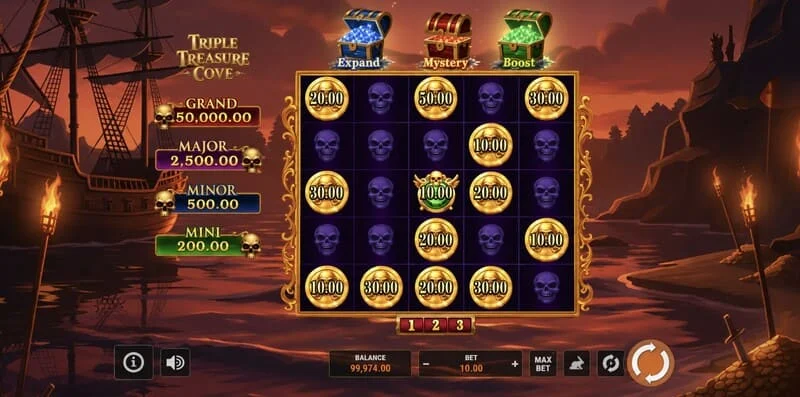 Triple Treasure Cove - главен екран с барабани и пиратски залив